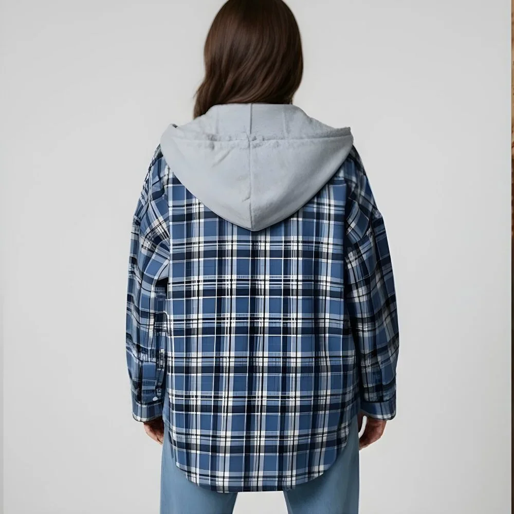 Blue Plaid Shacket with Drawstring Hoodie - Picture 3 of 7